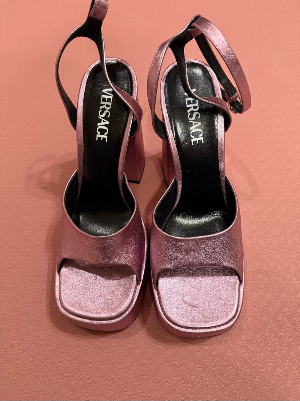 Versace Metallic Rose Pink Block Heel Sandals